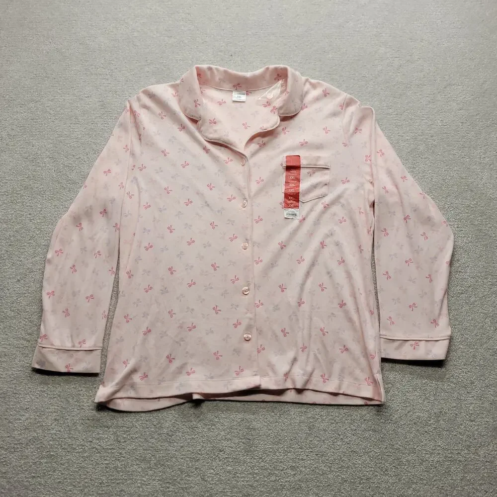 Croft & Barrow Intimates Womens XXL Pink Bow Print Pajama Set Button Front NWT